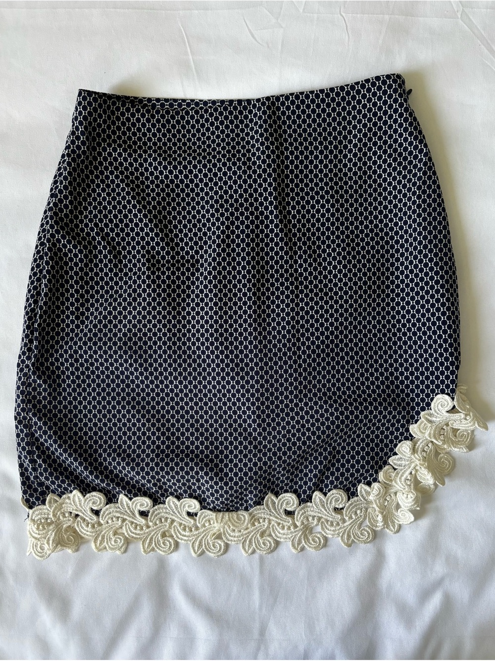 Navy Geometric Lace-Trim Mini Skirt